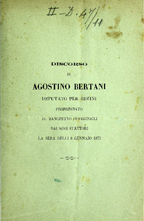 Copertina di Discorso di Agostino Bertani deputato per Rimini pronunciato al banchetto offertogli dai suoi elettori la sera delli 8 gennajo 1877