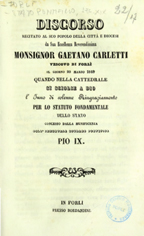 Copertina di Discorso recitato al suo popolo della citta e diocesi per lo statuto fondamentale dello stato