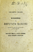 Copertina di Discorso pronunziato nella seduta della Camera dei deputati del 7 dicembre 1861 sulla Questione romana e sulle condizioni delle provincie napoletane