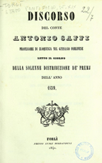 Copertina di Discorso del conte Antonio Saffi, letto il giorno della solenne distribuzione de' premj dell'anno 1839