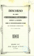 Copertina di Discorso del conte Terenzio Mamiani recitato al banchetto che i concittadini suoi gli offrivano e dedicavano