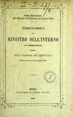 Copertina di Discorso del ministro dell'Interno (G. Zanardelli) pronunziato alla Camera dei deputati nella tornata del 22 giugno 1878