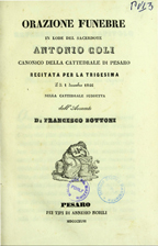 Copertina di Orazione funebre in lode del sacerdote Antonio Coli canonico della Cattedrale di Pesaro