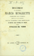 Copertina di Discorso del commendatore Marco Minghetti detto il 28 e 29 giugno alla Camera dei deputati ...