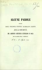 Copertina di Alcune parole dette dal signor conte Aurelio Saffi alla società del gabinetto scientifico-letterario in Forlì