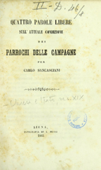 Copertina di Quattro parole libere sull'attuale condizione dei parrochi delle campagne