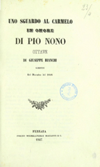 Copertina di Uno sguardo al Carmelo in onore di Pio nono