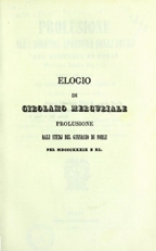 Copertina di Prolusione alla solenne apertura degli studj nel ginnasio di Forli per l'anno scolastico 1839 e 40 detta in lode di Girolamo Mercuriale