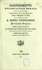 Copertina di Ragionamento encomiastico morale recitato nelle esequie celebrate a donna Guendalina principessa Borghese
