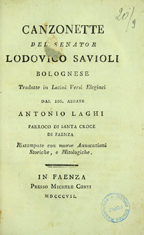 Copertina di Canzonette del senator Lodovico Savioli bolognese tradotte in latini versi elegiaci dal sig. abbate Antonio Laghi ...