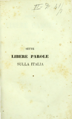 Copertina di Sette libere parole di un italiano sulla Italia (marzo 1849)