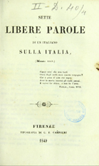Copertina di Sette libere parole di un italiano sulla Italia (marzo 1849)